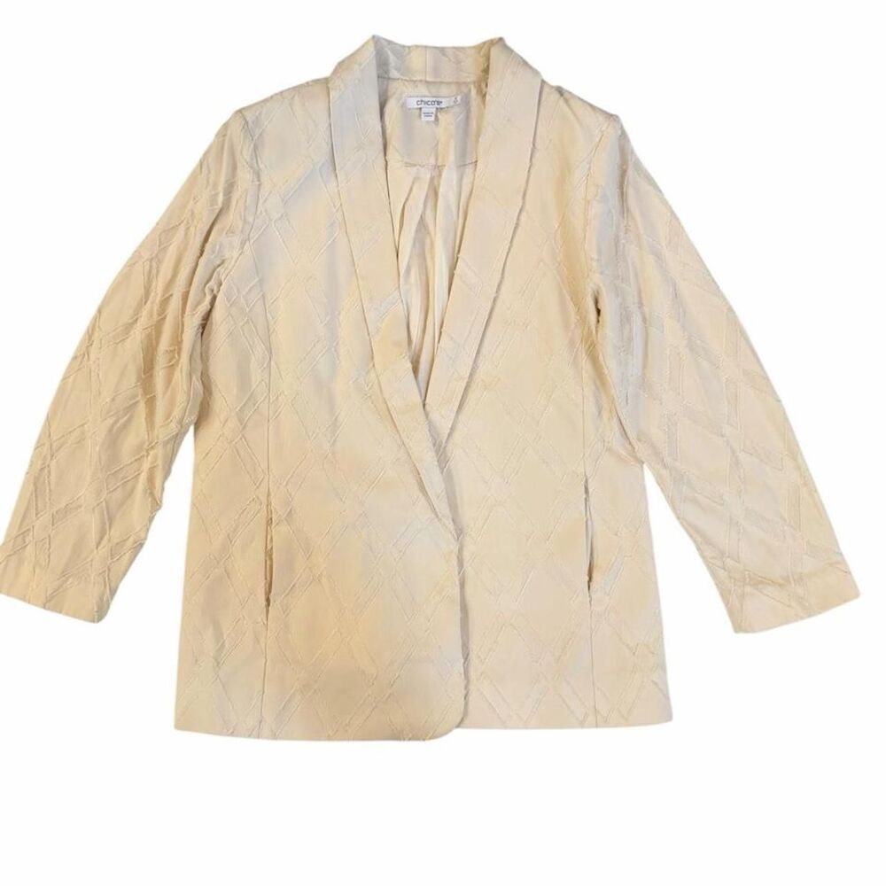 Chicos cream blazer and pants set with subtle textured pattern
